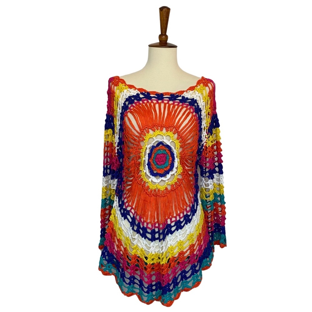 Boho Rainbow Colored Crochet Knit Hollow-Out Beach Coverup - Picture 8 of 16